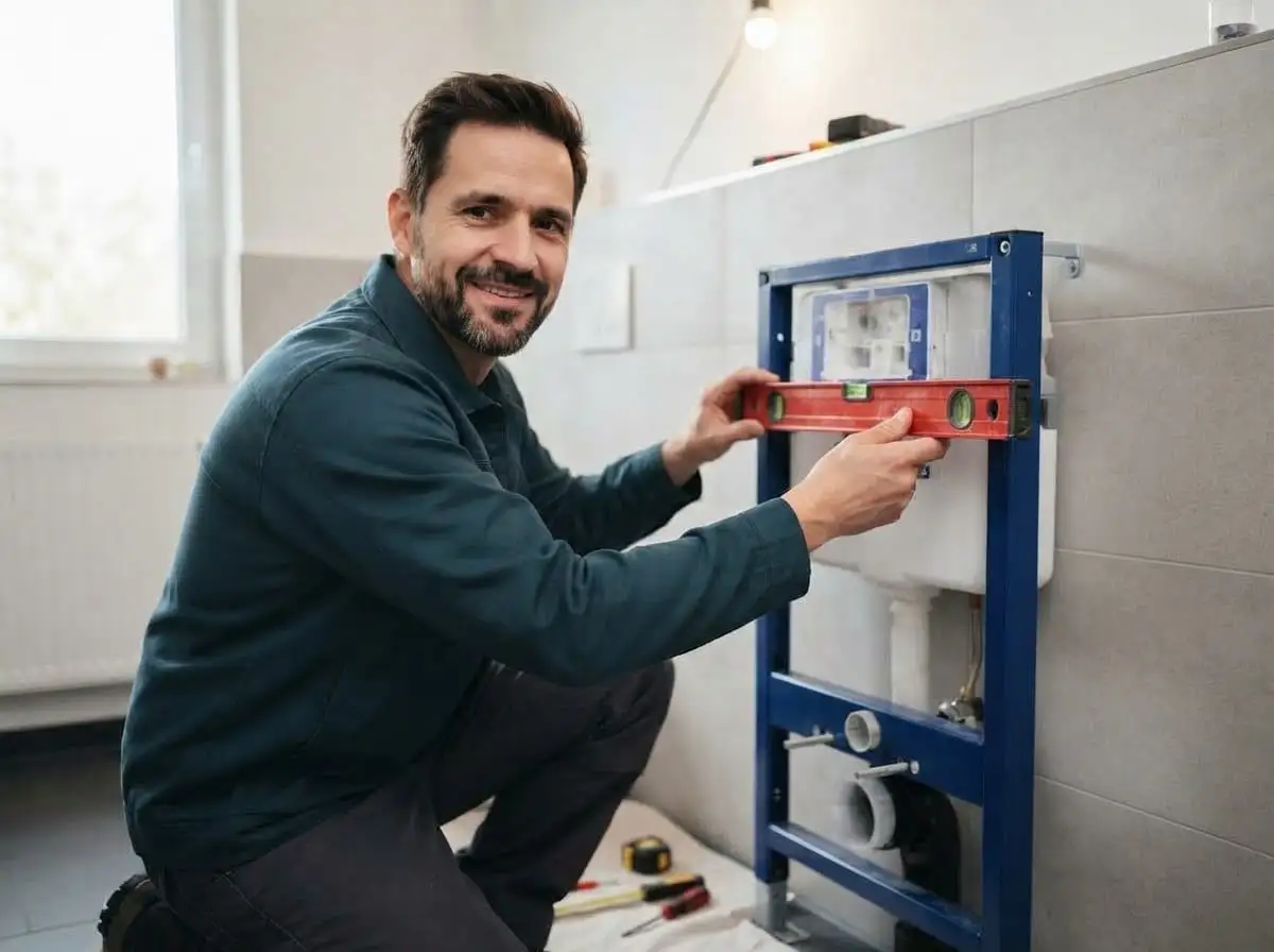 Sanitärinstallation: Klempner richtet ein Vorwandelement für das WC mit der Wasserwaage aus