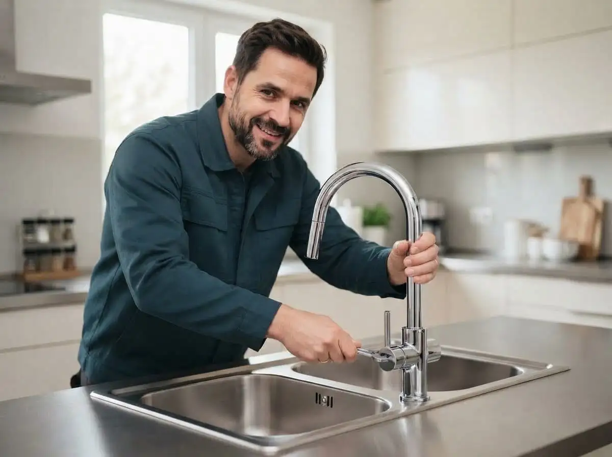 Wasserhahn austauschen: Klempner montiert eine neue Küchenarmatur an der Edelstahlspüle